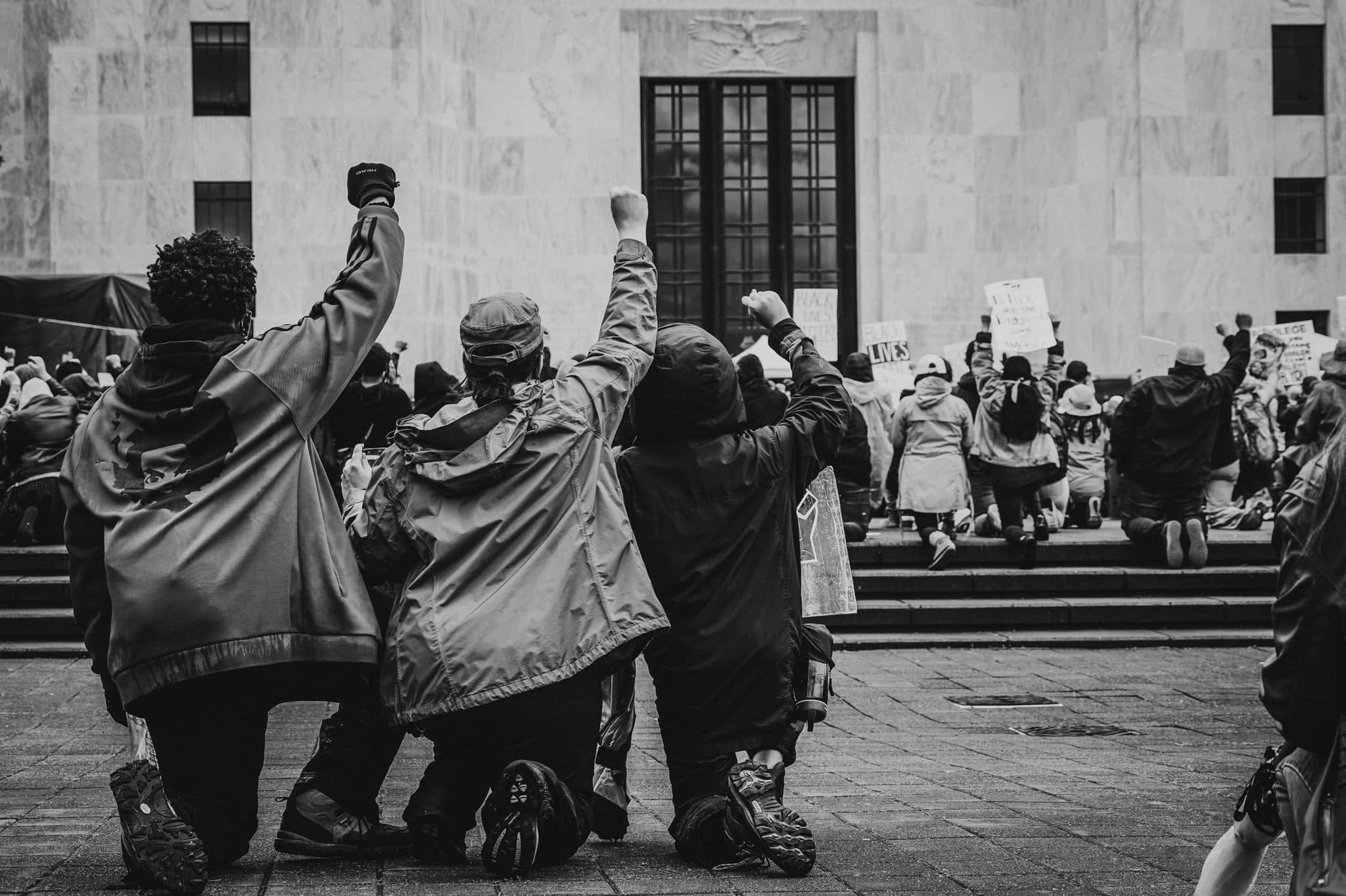 Protesters with raised fists