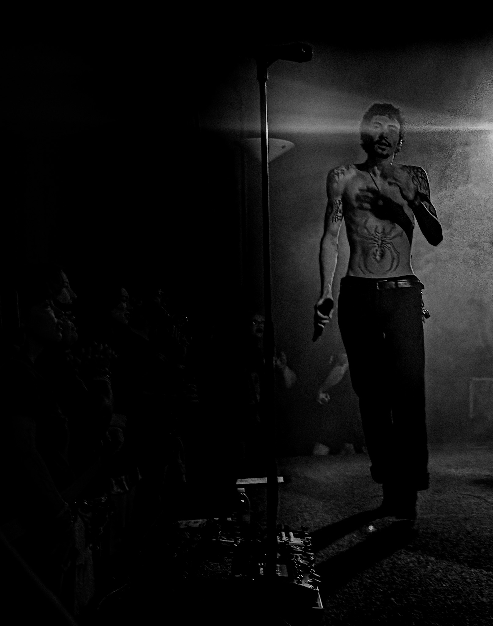 Shirtless singer with spider tattoo, monochrome